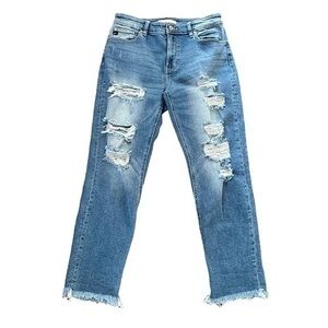 KanCan High Rise Distressed Frayed Hem Straight Leg Jeans
